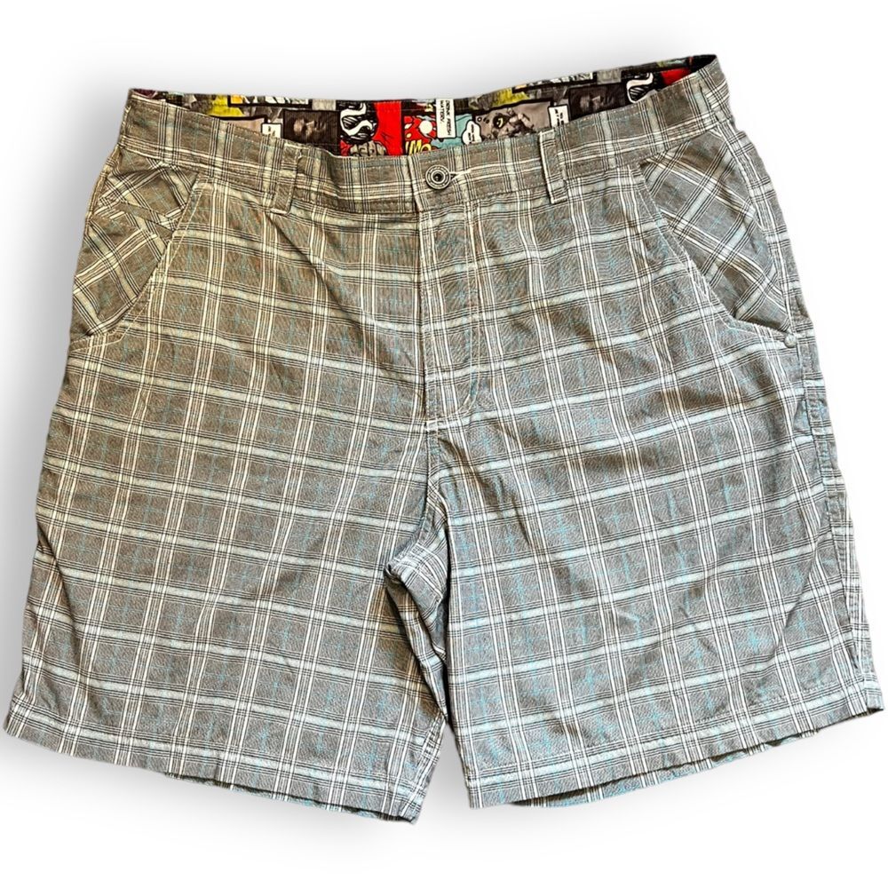 Lululemon Men's Kahuna Grey Plaid Comic Strip Waistband Casual Outdoor Shorts 38